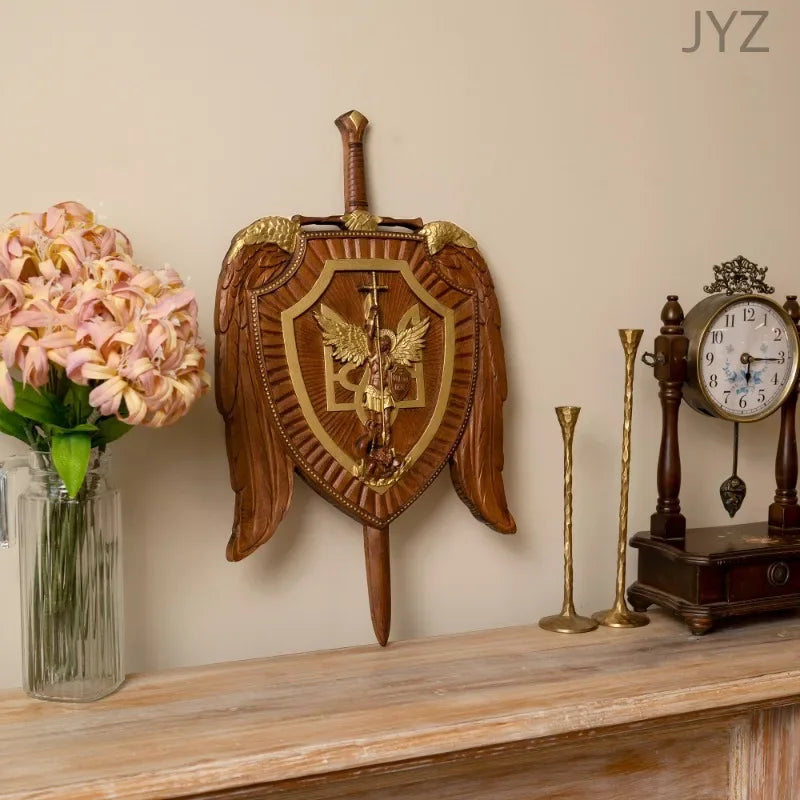 Holy Sword Archangel Michael Shield Wood Carving, Christian Wall Hanging Decoration Wooden Icon Art