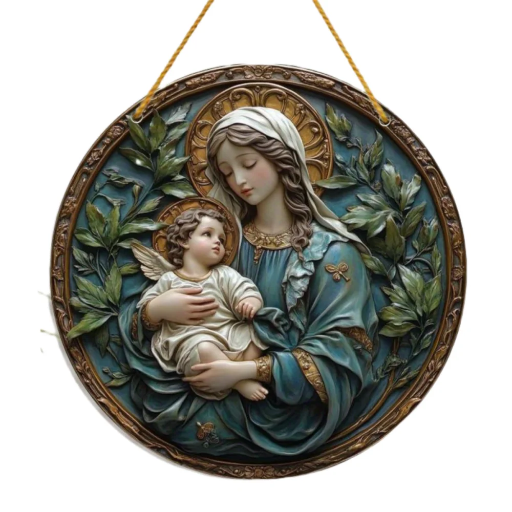 Virgin Mary Suncatcher - Round Acrylic Wall Art, Stained Style Hanging Decor, Ideal for Living Room, Bedroom,Perfect Family Gift