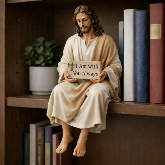 Hand Painted Jesus Figurine I Am with You Always Gift - For Desk Jesus Christ Statue Sitting Pose Unique Resin Jesus Ornament