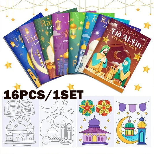 16PCS/1SET Ramadan Eid Mubarak Party Mini Coloring Book for Kids Muslim Festival Graffiti Painting Activity Party Supplies Gift