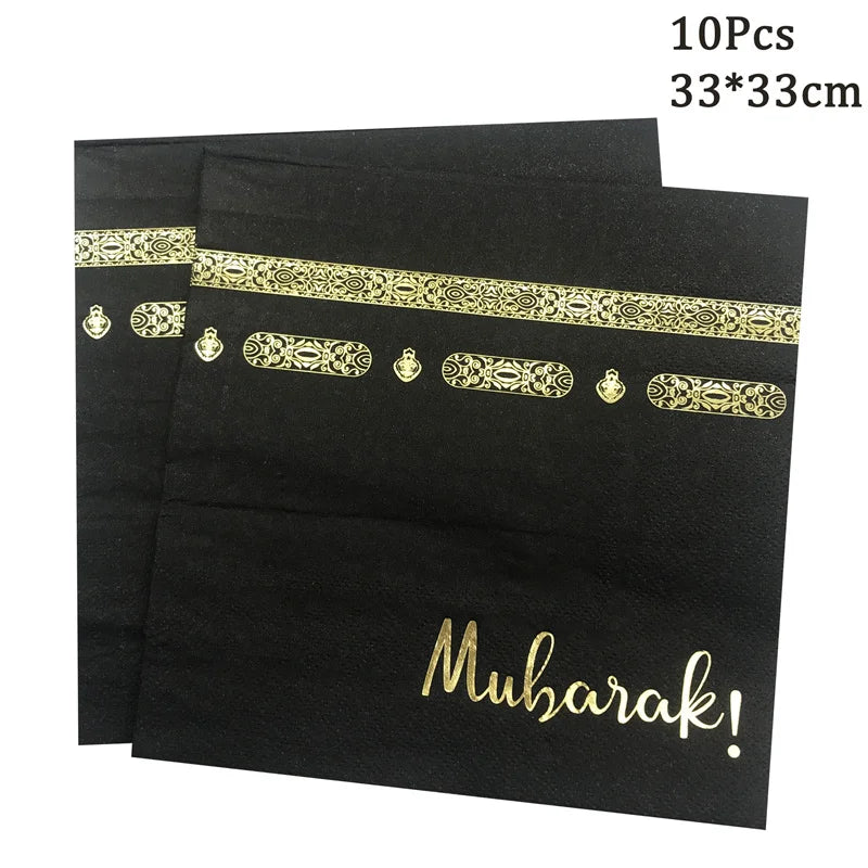 Black Gold Umrah Mubarak Disposable Paper Plates Cups Napkins Banner Home Eid Mubarak Islamic Muslim Party Ramadan Table Supplie