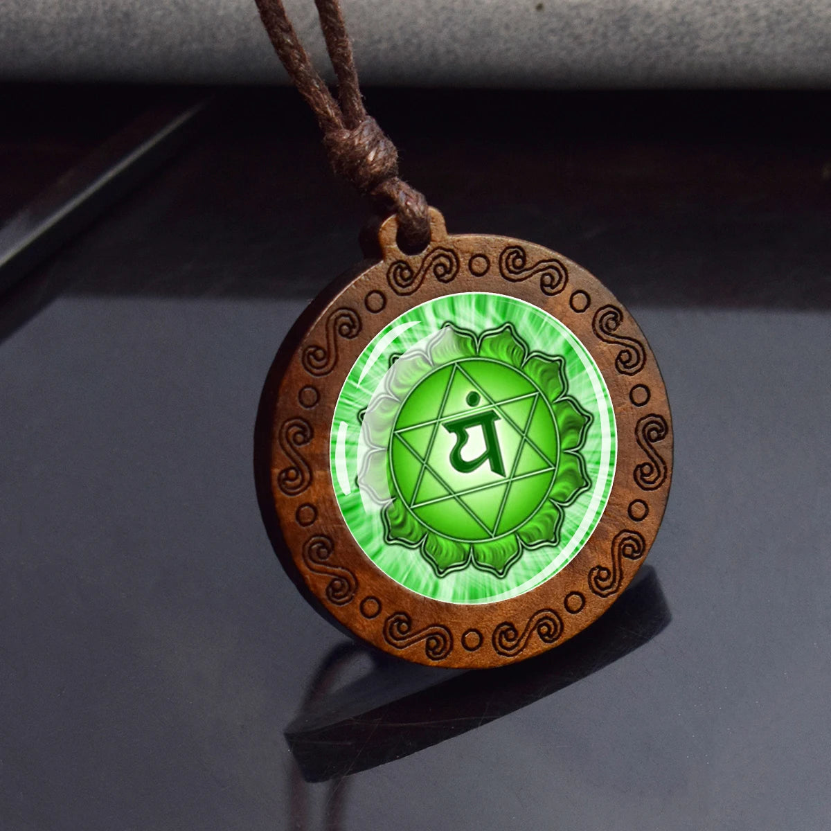 7Chakra Symbol Necklace Yoga Meditation Glass Dome Vintage Wooden Pendant Rope Chains Necklace Women Men Indian Buddhism Jewelry