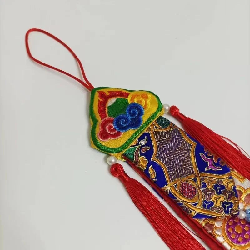 Tibetan Tantric Nepalese Embroidered Drum Banner,Hand Drum Ribbon,Exquisite Tibetan-Style Buddhist Hall Hanging Banner 60 cm