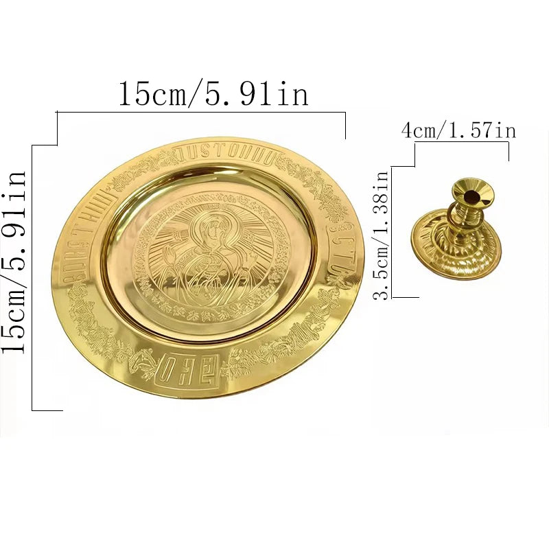 Orthodox Church Brass Liturgical Plate Candlestick Set Gold Plated Engraved Virgin Mary Icon Religious Tray Christian Church Sup