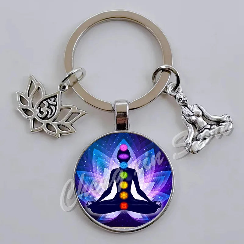 Indian Buddha Meditation 7 Chakra Mandala Psychedelic Yoga Glass Cabochon Keychain Ornament