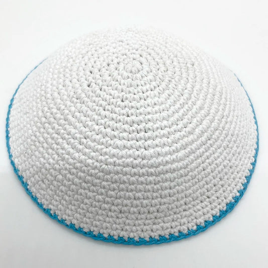 White DMC Kippah Dome Handmade Knitted Yarmulke Kippot 16/19cm Dome