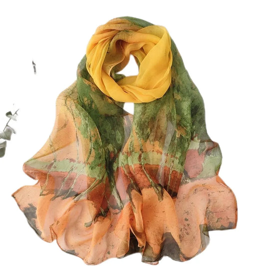 Summer Women Birch Forest Landscape Thin Soft Beach Silky Georgette Scarf Shawls 160cm Long Wraps Beach Sunscreen Hijab