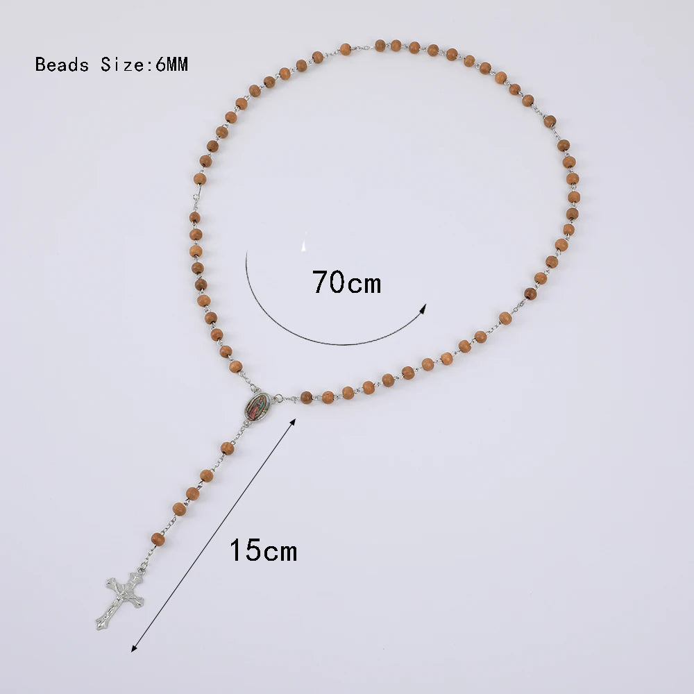 Blue Rosary Necklace For Women Men 6MM Wooden Prayer Beads Long Chain Religious Virgin Mary Cross Pendant Men Party Jewelry Gift
