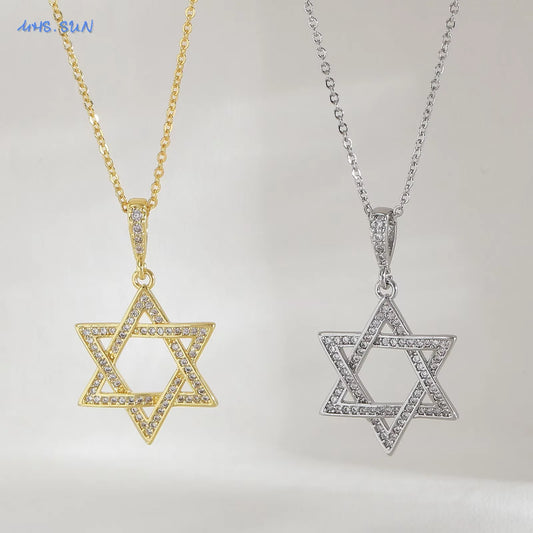 MHS.SUN Luxury Star of David Necklaces for Women Men Fashion Hollow Hexagonal Star Pendant Chain Necklace Judaica Jewish Jewelry