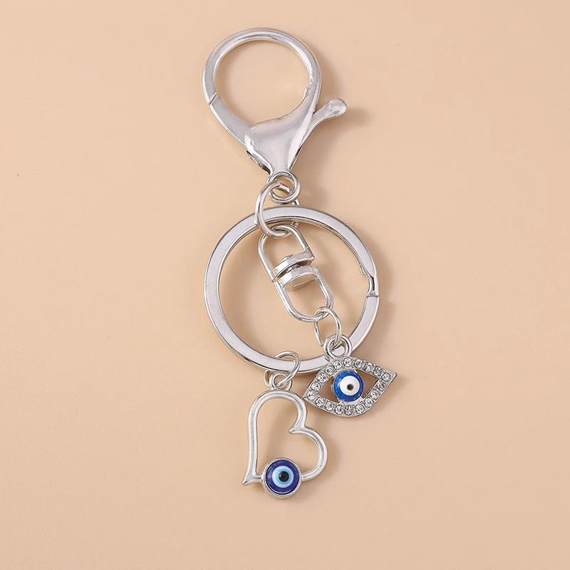 Aihua Lucky Eye Alloy Fatima Hand Keychain Heart Glass Bead Blue Turkish Evil Eye Key Chain Car Keyring for Women Men Jewelry