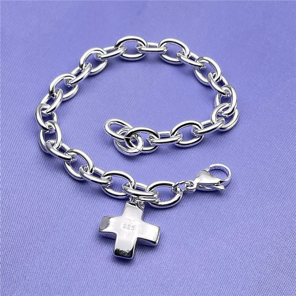 925 Sterling Silver Unique Cross Bracelets For Women Fashion Costume Jewelry 20cm 8inch Wedding Accessories Christmas Gifts