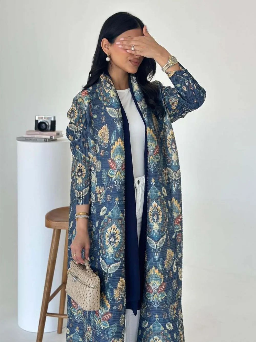 Muslim Pleated Abaya Stretch Open Dress Dress Women Eid Maxi Caftan Cardigan Robe Print Dubai Kaftan Islam Vestidos Jalabiya