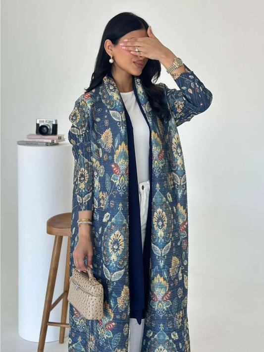 Muslim Pleated Abaya Stretch Open Dress Dress Women Eid Maxi Caftan Cardigan Robe Print Dubai Kaftan Islam Vestidos Jalabiya