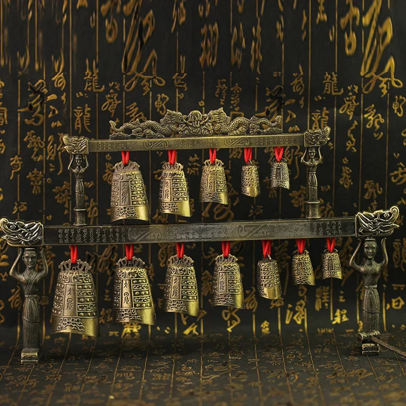 Chinese Old Meditation Gong with 7 Ornate Bell with Dragon Design Chinese Musical Instrument Bronze Metal Handicraft Home Decor