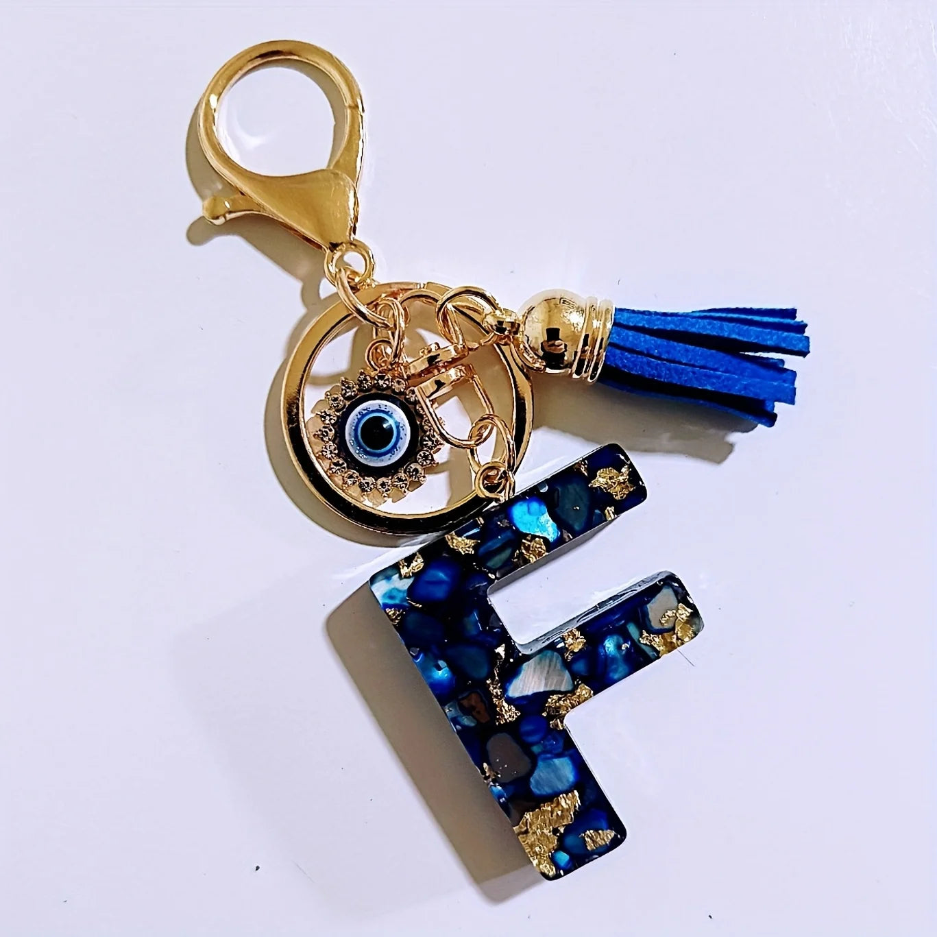 Blue Resin Initial Keychain - Evil Eye Letter Charm with Rhinestones & Tassel, Stylish Gift for Women, Lobster Clasp Accessory