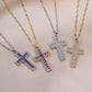 Stainless Steel Sparking Women Cross Necklaces, Gold Color Metal Cross Pendant, Bling CZ Stones Christ Religious Prayer Collar