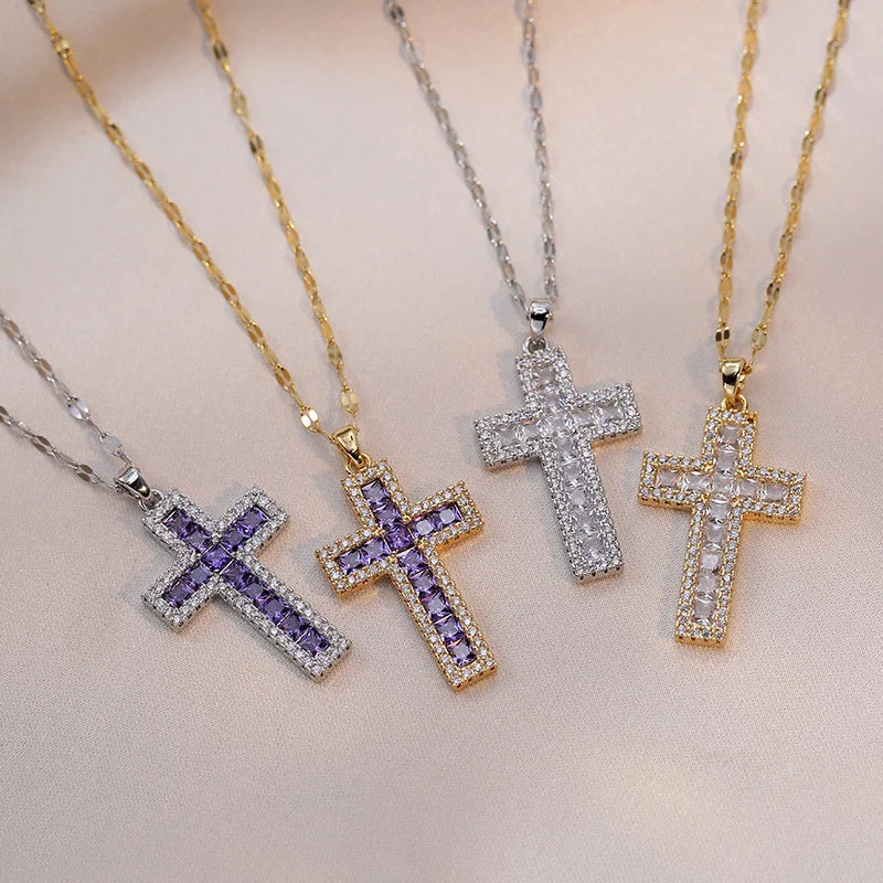 Stainless Steel Sparking Women Cross Necklaces, Gold Color Metal Cross Pendant, Bling CZ Stones Christ Religious Prayer Collar