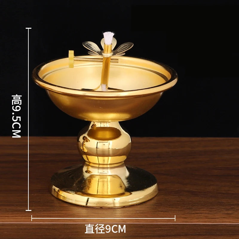 Golden Oil Lamp For Buddha With Glass Windproof Cover,Metal Buddhist Lantern Burner,Religious Candlestick Item