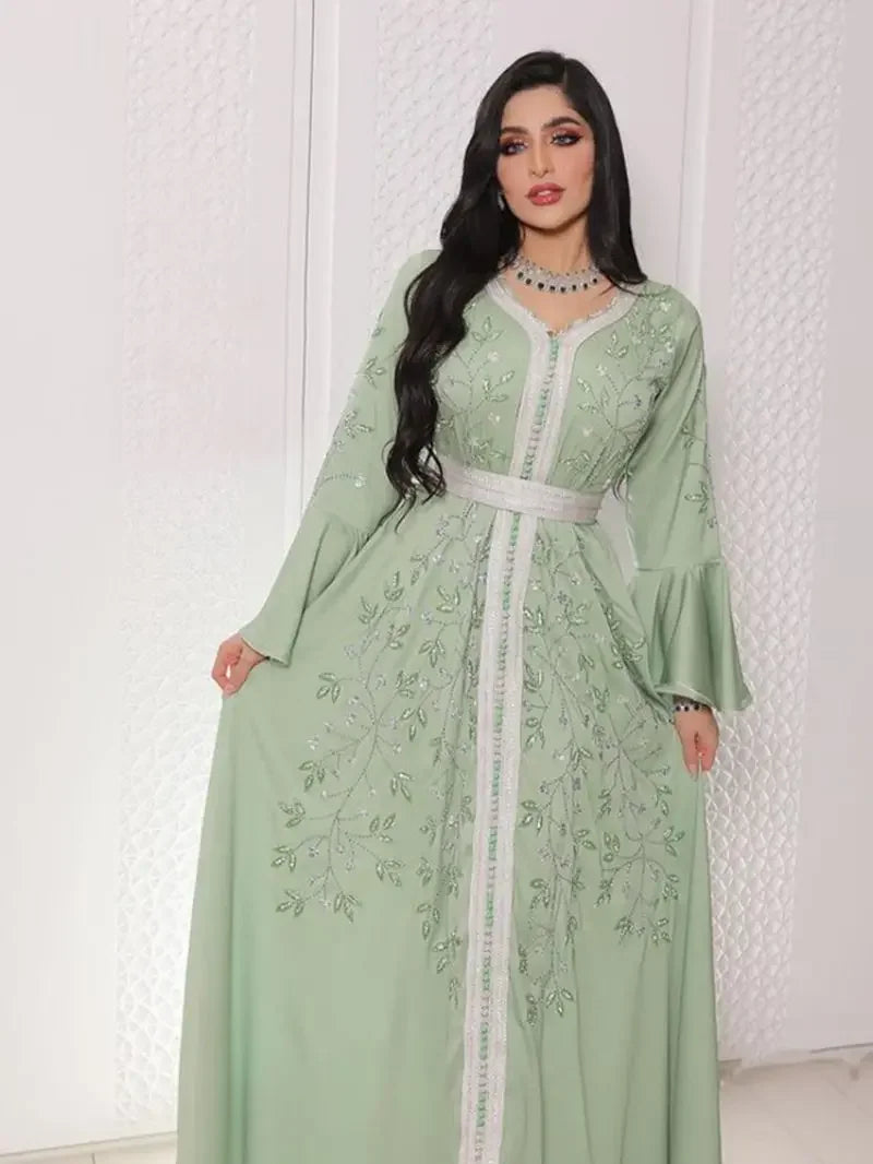 India Turkey Muslim Abaya Dresses Women Elegant Diamond Wedding Evening Party Dress Lace Belted  Abaya Morocco Caftan Robe