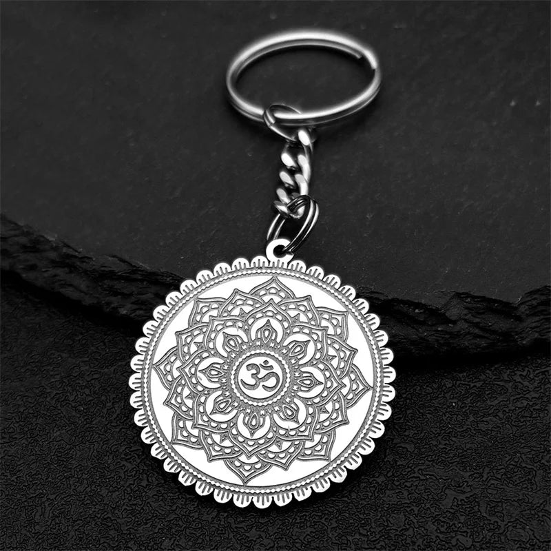 OM Yoga Lotus Flower Keychain Women Men Stainless Steel Gold Silver Color Buddha Mandala Meditation Spiritual Indian Jewelry