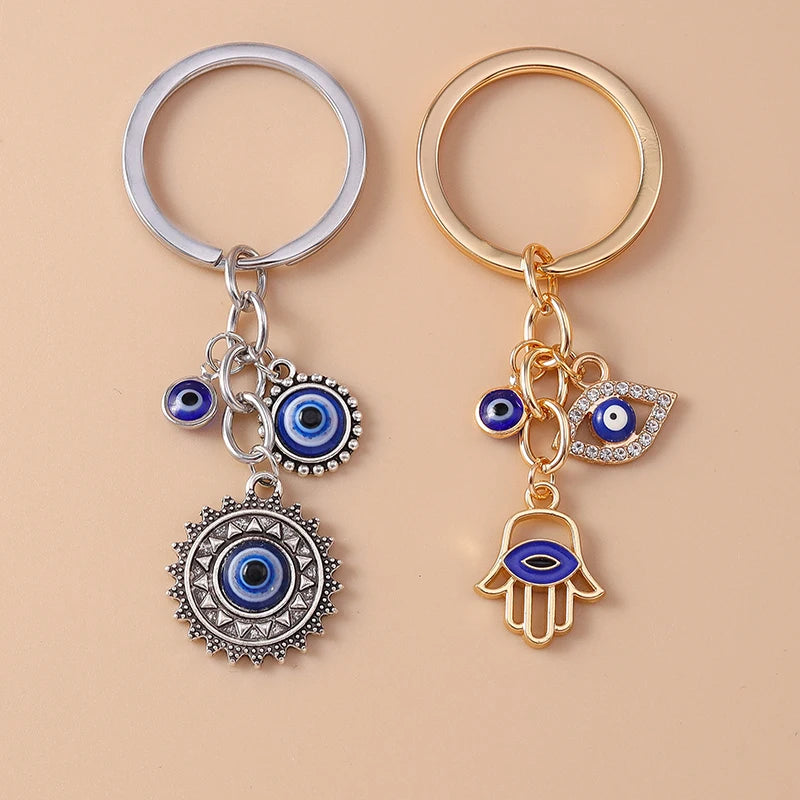 Retro Alloy Turkish Lucky  Evil Eyes Keychain Hamsa Hand Key Ring Pendant for Women Girls Handbag Decor DIY Jewelry Gifts