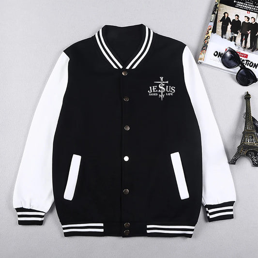 Jesus Saved My Life Letter Graphic Men'S Jackets Preppy Style Baseball Uniforms Casual S-5Xl High Street Motion Clothing