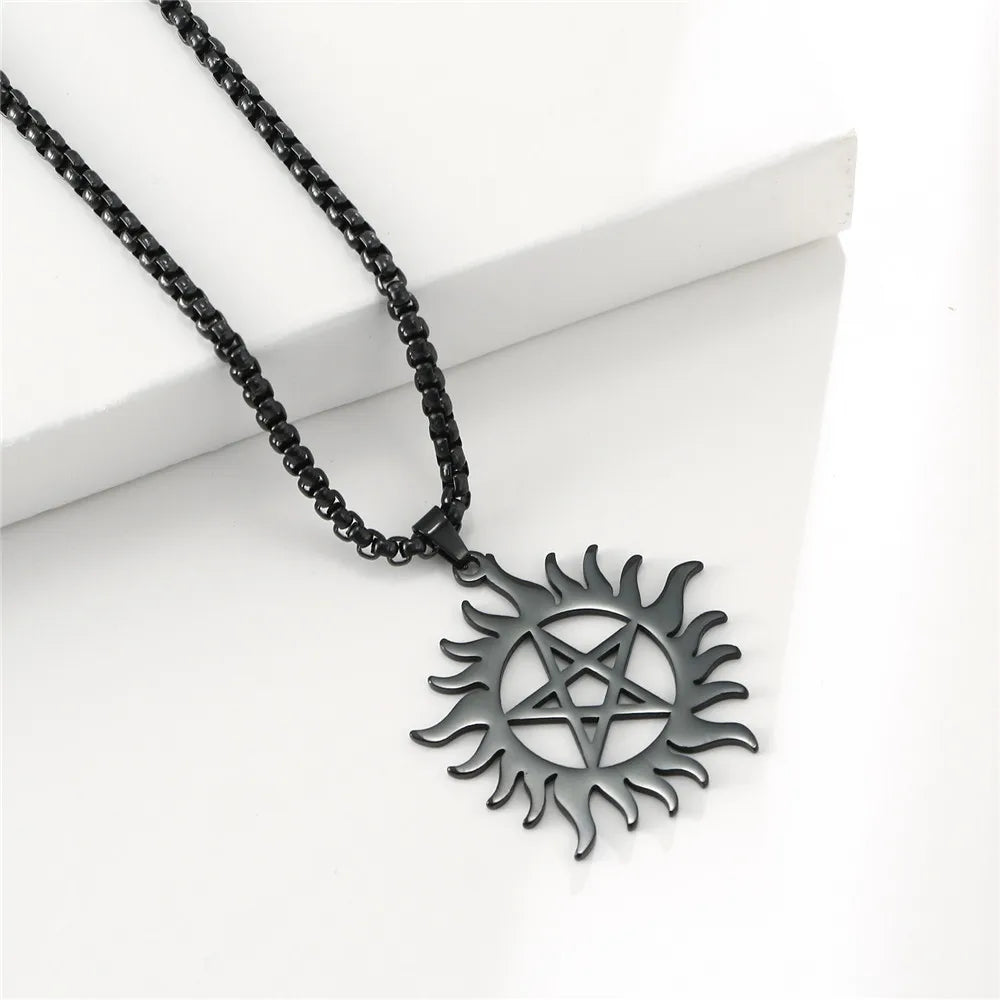 Skyrim Stainless Steel Shining Sun Pentagram Pendant Necklace Supernatural Dean Statement Box Chain Necklaces Couple Women Men
