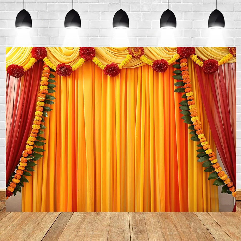 Indian Traditional Photography Background Marigold Green Leaf Hindu Indian Wedding Holi Flowers Garland Anniversary Backdrops