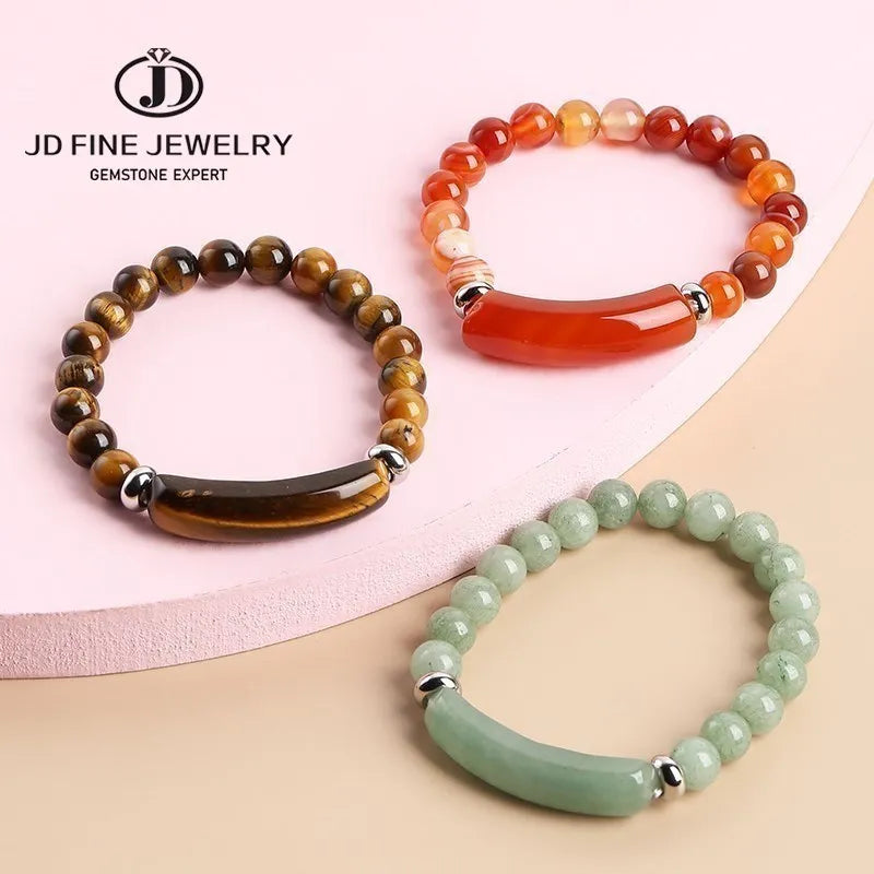 JD Natural Stone Tiger Eye Amethyst Rectangle Bar Charm Bracelet Women Men Healing Stone Powder Crystal Rough Chakra Jewelry