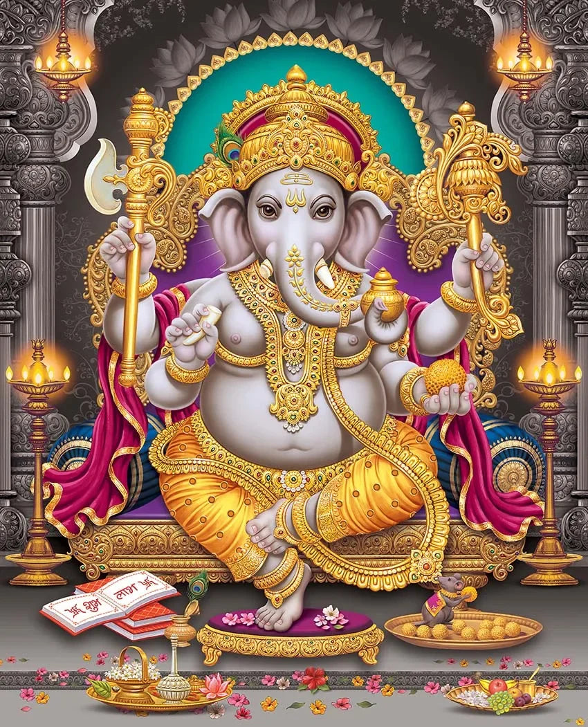 Religion Elephant God India Hinduism Ganesha Painting Canvas Durga Golden Zari Art Poster Prints Living Room Home Decor Pictures