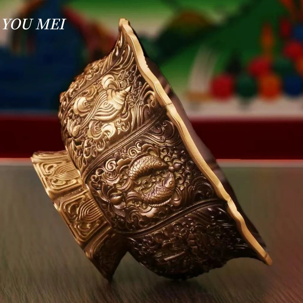 Tibetan Eight Auspicious Symbols Carved Brass Holy Altars Bowl,Tantric Indoor Desktop Water Cup,9 cm Sacred Bowl Buddhist Item