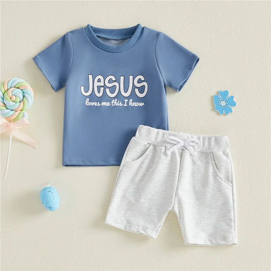 Summer Toddler Baby Boys Clothing Set Fashion Short Sleeve Letters Printed Tops with Shorts 2Pcs Christian Outfit