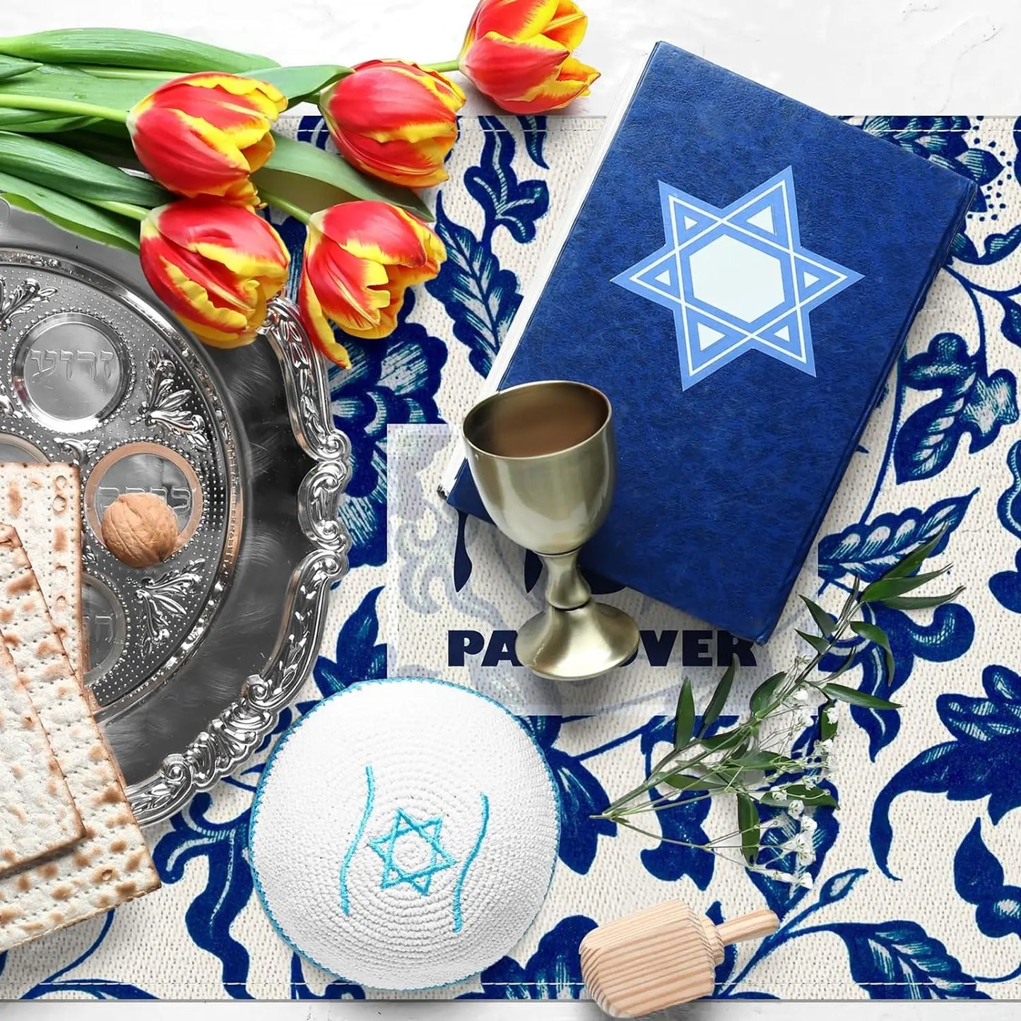 4Pcs Passover Linen Placemats Jewish Holiday Party Table Decor Washable Seder Matzo Table Mats Passover Decorations