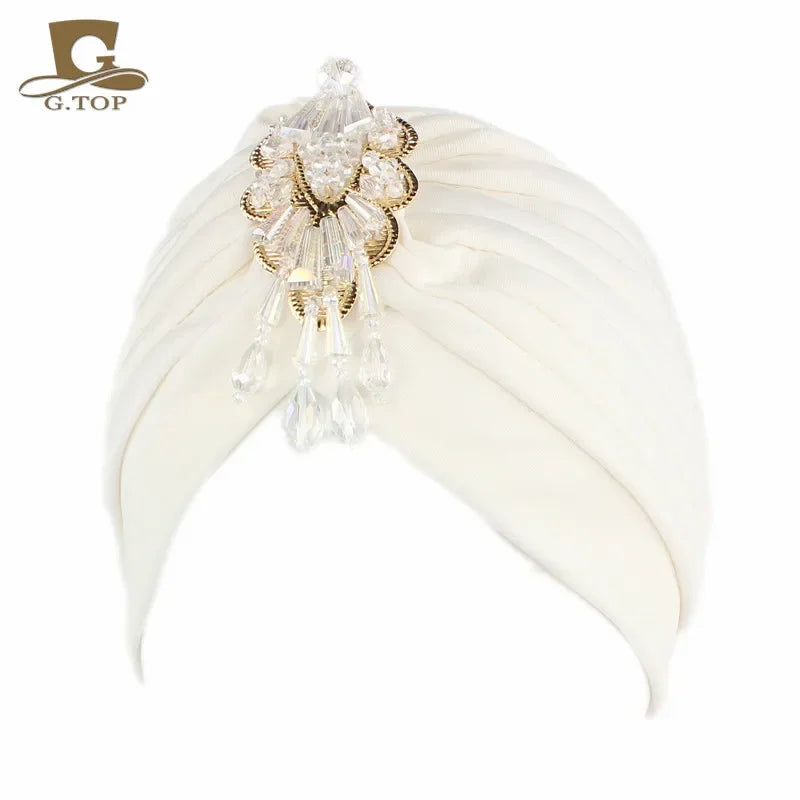 NEW Luxury Divas Stretchable turban Head wrap hat with beaded pendant women Headwear