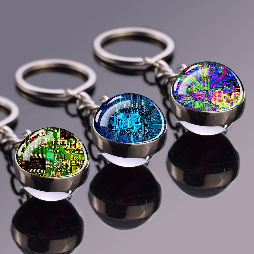 Circuit Board Pattern Keychains Double Sided Glass Ball Pendant Key Chains Computer Geek Keyring Creative Fashion Jewelry Gifts