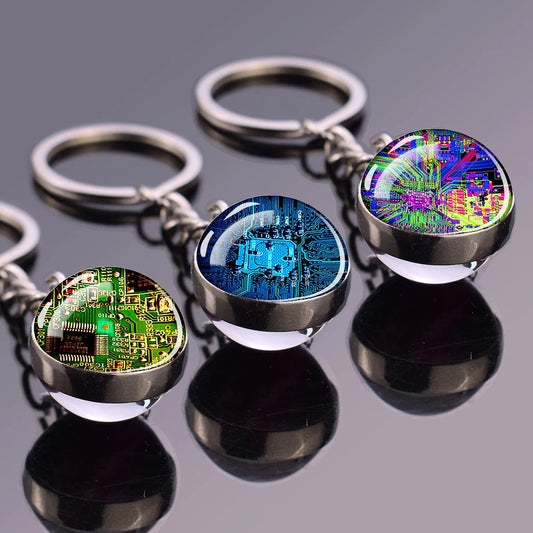 Circuit Board Pattern Keychains Double Sided Glass Ball Pendant Key Chains Computer Geek Keyring Creative Fashion Jewelry Gifts