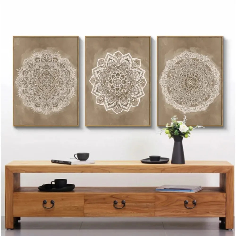 Mandala Boho Wall Art Canvas Painting Poster Print Brown for Rustic Bedroom Office Home Decor Pictures Bathroom Geometry