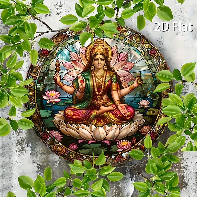 A statue of an Indian goddess sitting on a lotus throne sign,serene and sacred image,ideal spiritual space decoration,room décor