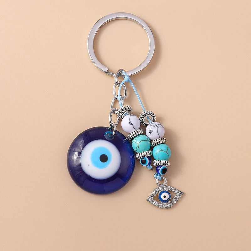 Aihua Lucky Eye Alloy Fatima Hand Keychain Heart Glass Bead Blue Turkish Evil Eye Key Chain Car Keyring for Women Men Jewelry