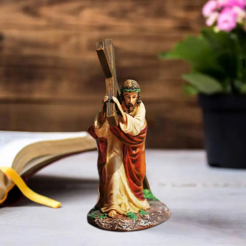 Jesus Cross Statue Resin Ornament Jesus Cross Figure Little Jesus Carrying Cross On The Way To Calvary Resin Figurine Hand
