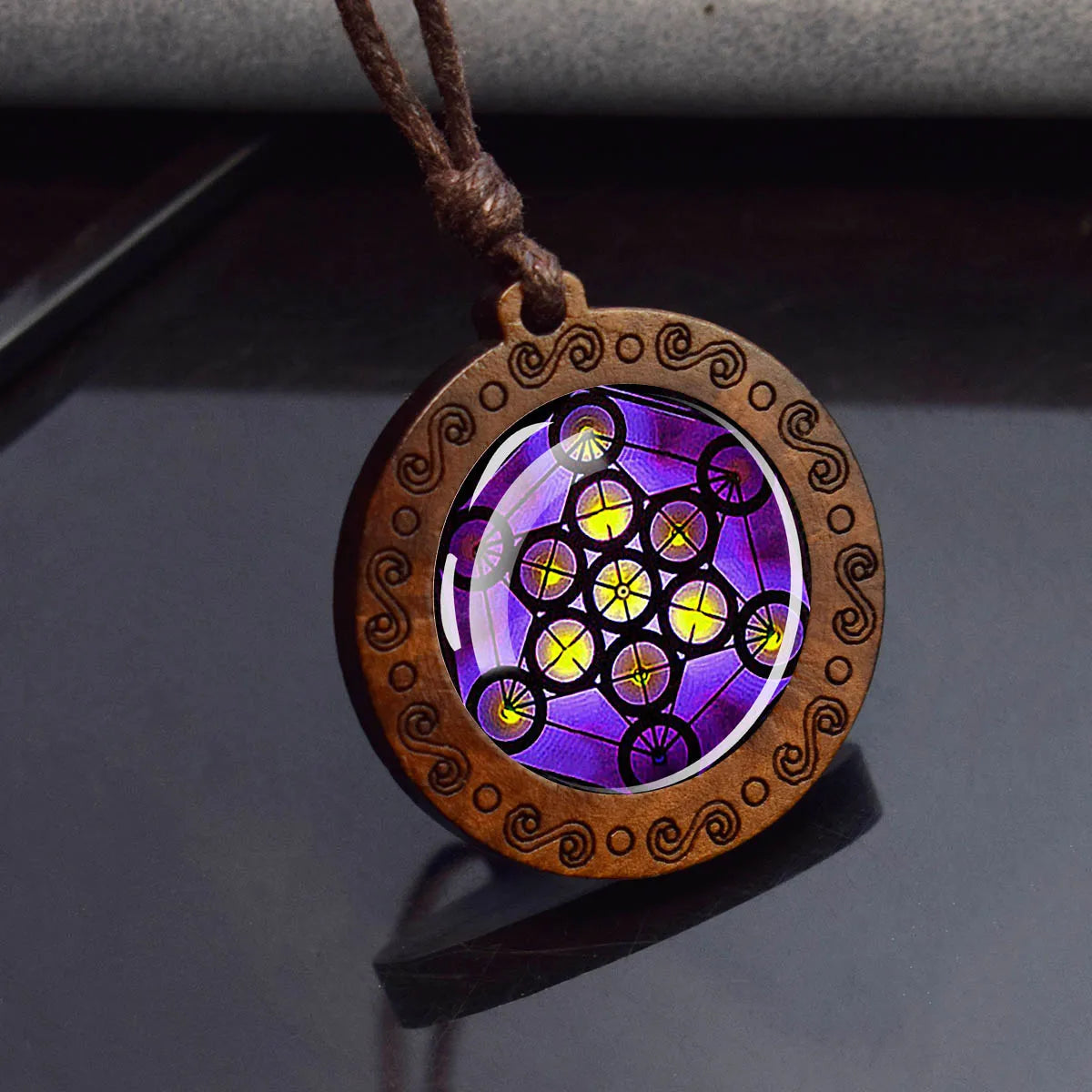 Sri Yantra Mandala Glass Necklace Wood Pendant Buddhist Sacred Geometry Jewelry Spiritual Yoga Gift