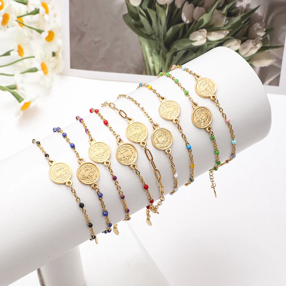 Coin Charm Stainless Steel St Benedict Medal Bracelet San Benito Bracelet Adjustable Link Chain Bohemia Bracelet