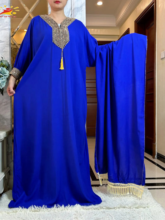 2025New Muslim Women Long Sleeve Autumn  Dress Cotton With Big Scarf Boubou Maxi Islam Women Dress African Abaya
