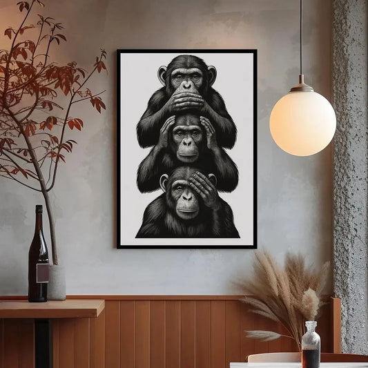 Three Wise Monkeys Wall Art, See No Evil Hear No Evil Speak No Evil Poster, Black and White Illustration, Printable Animal Decor