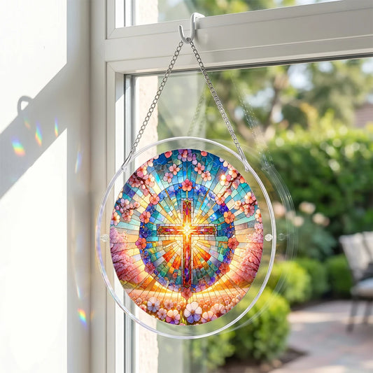 Stained Glass Cross with Flowers Acrylic Puzzle Suncatcher, 18cm/20cm Round Window Hanging