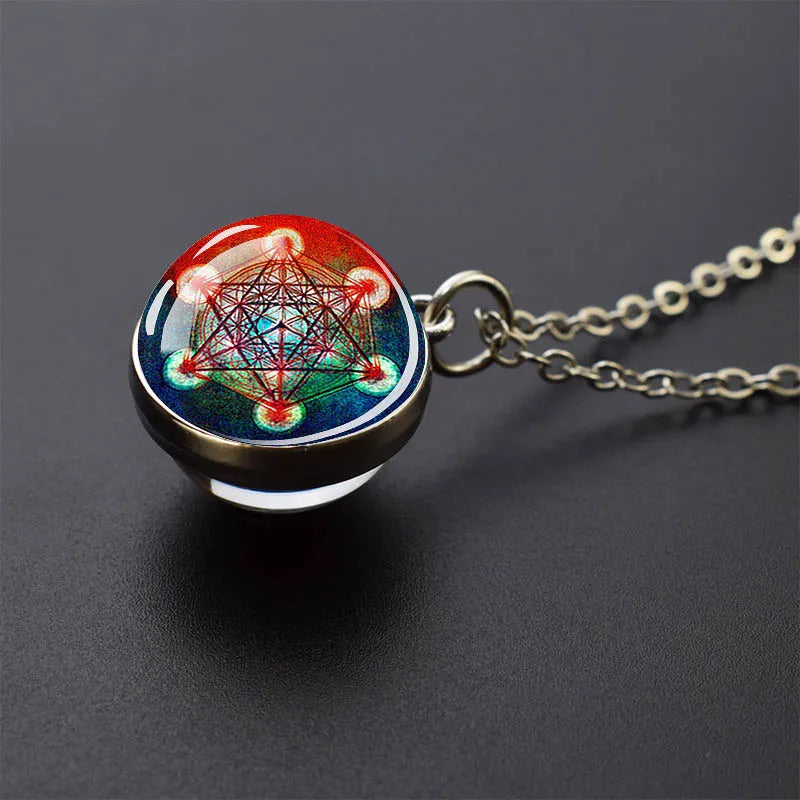 Sacred Geometry-Metatron's Cube Necklaces Sri Yantra Mandala Double Side Glass Ball Pendant Necklace Buddhist Yoga Jewelry Gift