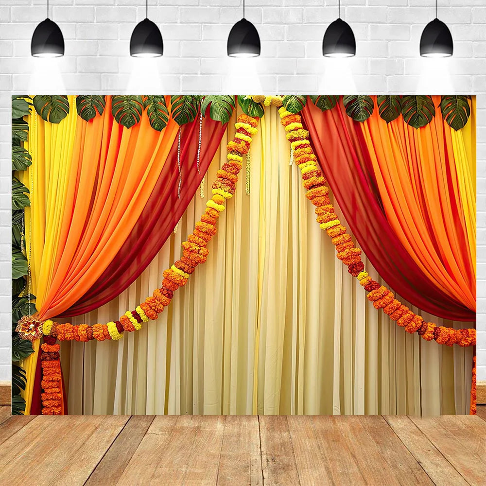 Indian Traditional Photography Background Marigold Green Leaf Hindu Indian Wedding Holi Flowers Garland Anniversary Backdrops