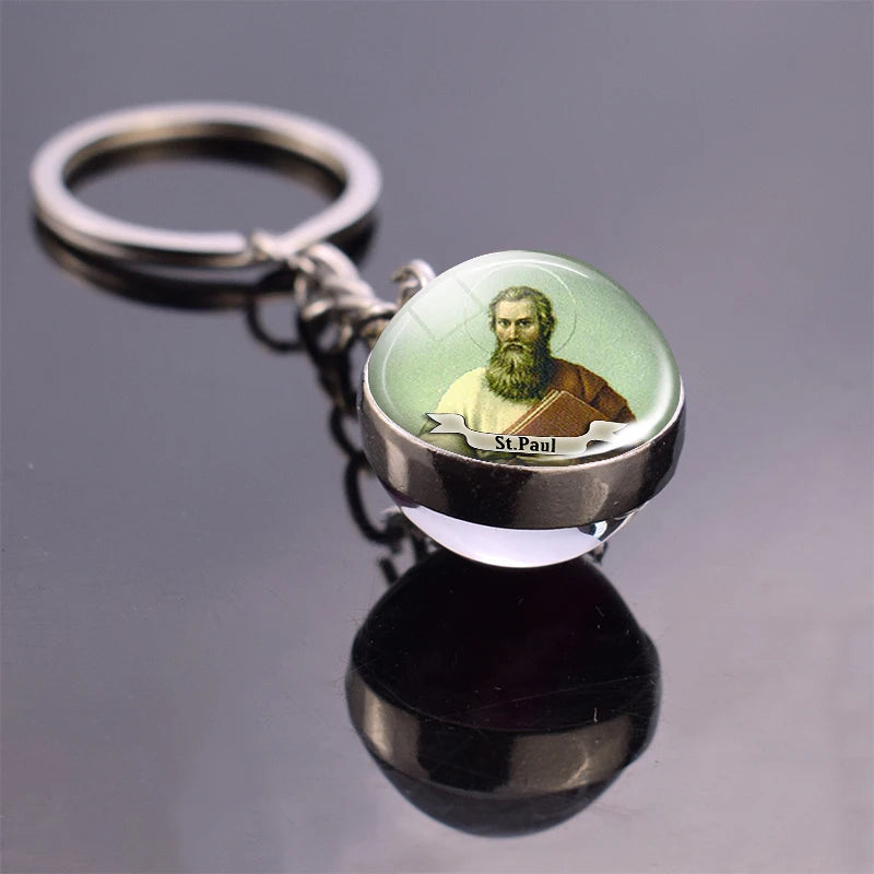 Religious Keychain St Francis Double Sided Key Chains Catholic Glass Ball Pendant Keyring Jewelry Keychain Jesus Christian Gifts