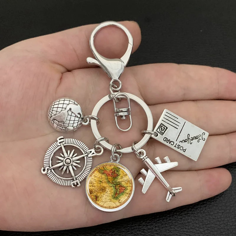 New ideas Earth plane keychain pendant earth compass personality memorial key ring gift for travel lovers