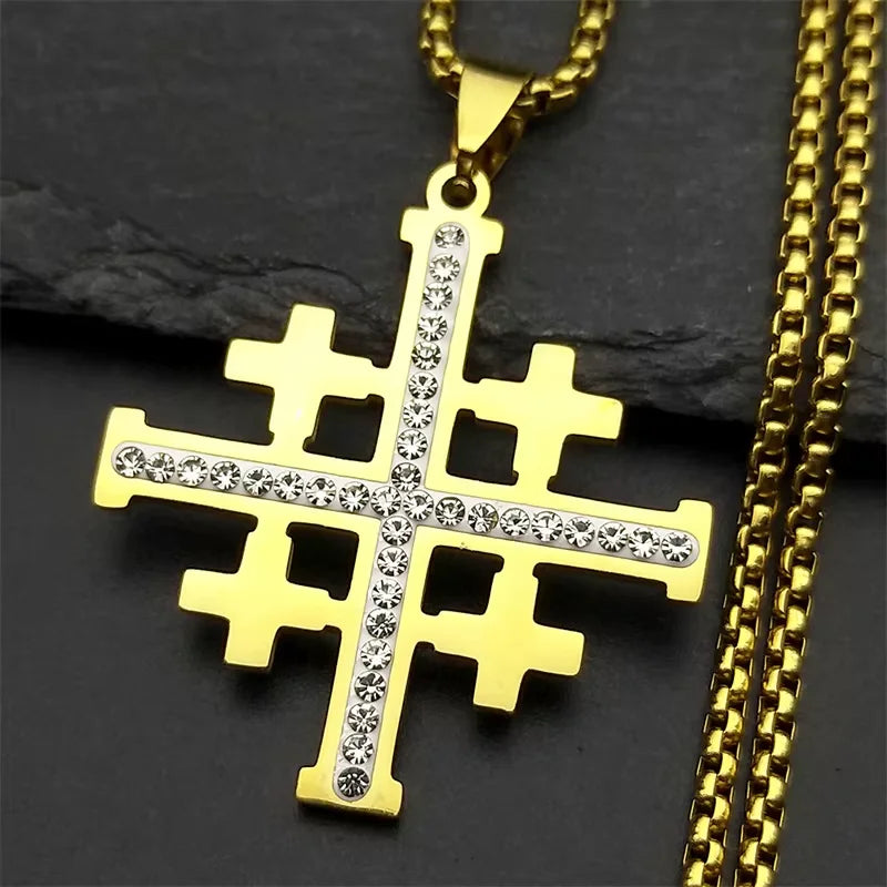 Christian Jerusalem Cross Pendant Necklace for Men Women Stainless Steel Bible Verse Lord's Prayer Chain Jewelry collar N3239S02